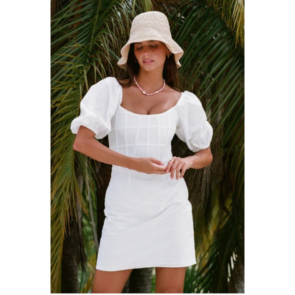 Sabo Ocean Lattice Puff Sleeves Mini Dress White Cotton Lined Size Small New
